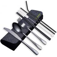[아마존베스트]HOMQUEN Portable Utensils,Travel Camping Flatware Set,Stainless Steel Silverware Set,Include Knive/Fork/Spoon/Chopsticks/Straws/Brush/Portable Case(Black-8 Piece)