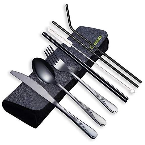  [아마존베스트]HOMQUEN Portable Utensils,Travel Camping Flatware Set,Stainless Steel Silverware Set,Include Knive/Fork/Spoon/Chopsticks/Straws/Brush/Portable Case(Black-8 Piece)