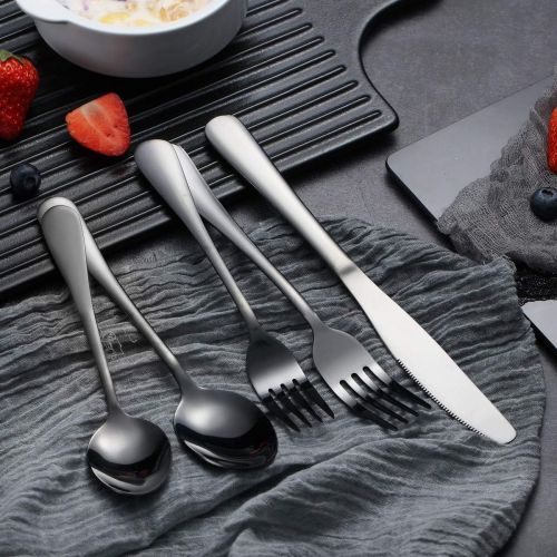  [아마존베스트]HOMQUEN Black Flatware Set 20 Piece Service for 4, Black Titanium Plated Stainless Steel Silverware set Service for 4 (Shiny, Black)