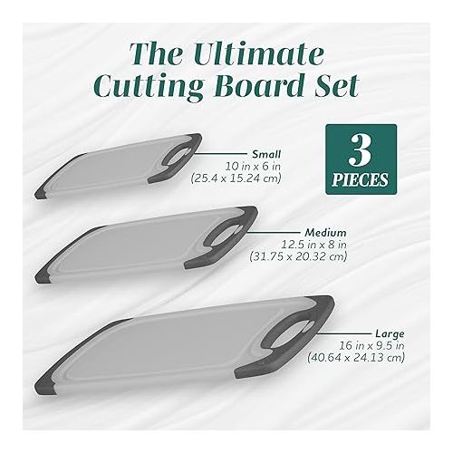  HOMWE Cutting Boards for Kitchen - Chopping Board 3-Pack w/Different Sizes and Non Slip Handles - Reversible, Large Cutting Board Set - Unique Gifts for Cooks Who Have Everything - Gray on Gray