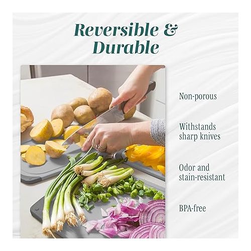  HOMWE Cutting Boards for Kitchen - Chopping Board 3-Pack w/Different Sizes and Non Slip Handles - Reversible, Large Cutting Board Set - Unique Gifts for Cooks Who Have Everything - Gray on Gray