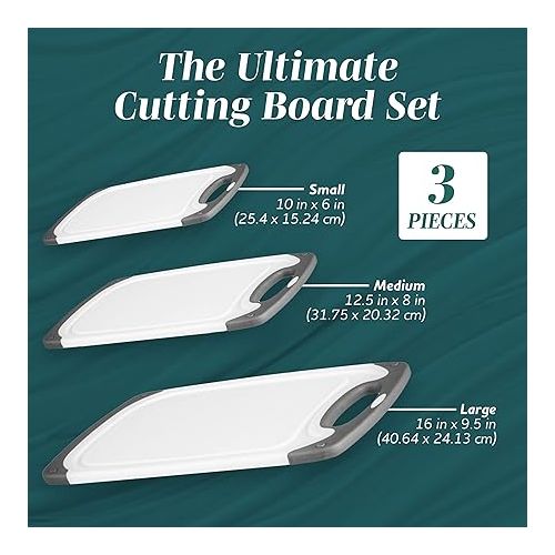  HOMWE Cutting Boards for Kitchen BPA Free- Chopping Board 3-Pack w/Different Sizes and Non Slip Handles - Reversible, Large Cutting Board Set - Unique Gifts for Cooks Who Have Everything - Gray