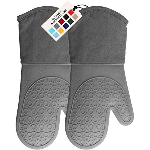  HOMWE Silicone Oven Mitt, Oven Mitts with Quilted Liner, Heat Resistant Pot Holders, Slip Resistant Flexible Oven Gloves, Gray, 1 Pair, 13.7 Inch
