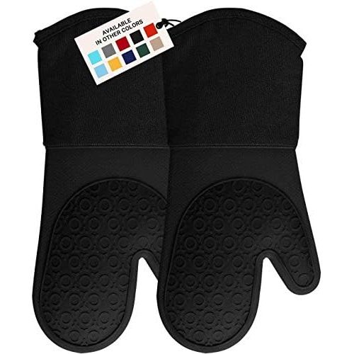  HOMWE Silicone Oven Mitt, Oven Mitts with Quilted Liner, Heat Resistant Pot Holders, Slip Resistant Flexible Oven Gloves, Black, 1 Pair, 13.7 Inch