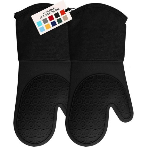  HOMWE Silicone Oven Mitt, Oven Mitts with Quilted Liner, Heat Resistant Pot Holders, Slip Resistant Flexible Oven Gloves, Black, 1 Pair, 13.7 Inch