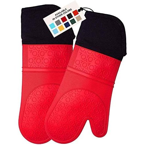  HOMWE Extra Long Professional Silicone Oven Mitt, Oven Mitts with Quilted Liner, Heat Resistant Pot Holders, Flexible Oven Gloves, Red, 1 Pair, 14.7 Inch