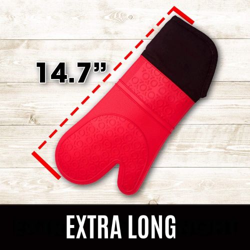  HOMWE Extra Long Professional Silicone Oven Mitt, Oven Mitts with Quilted Liner, Heat Resistant Pot Holders, Flexible Oven Gloves, Red, 1 Pair, 14.7 Inch