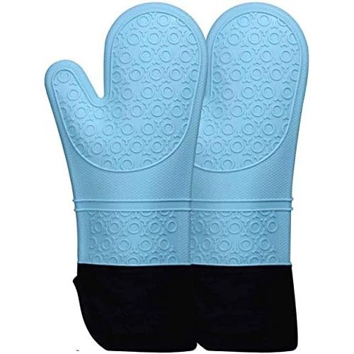  [아마존베스트]HOMWE Extra Long Professional Silicone Oven Mitt, Oven Mitts with Quilted Liner, Heat Resistant Pot Holders, Flexible Oven Gloves, Aqua, 1 Pair, 14.7 Inch