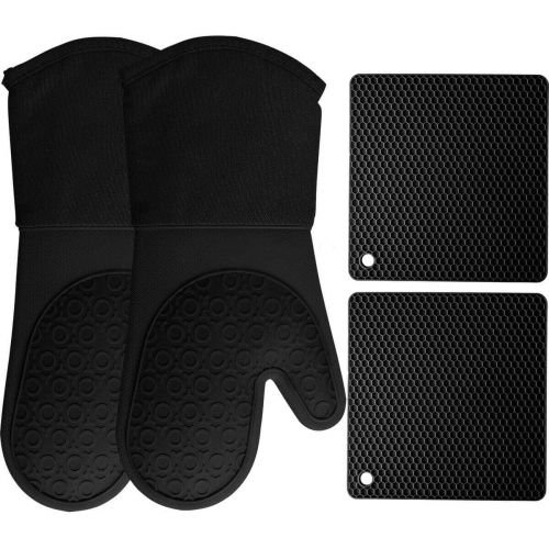  [아마존베스트]HOMWE Silicone Oven Mitts and Pot Holders, 4-Piece Set, Heavy Duty Cooking Gloves, Kitchen Counter Safe Trivet Mats, Advanced Heat Resistance, Non-Slip Textured Grip (Black)