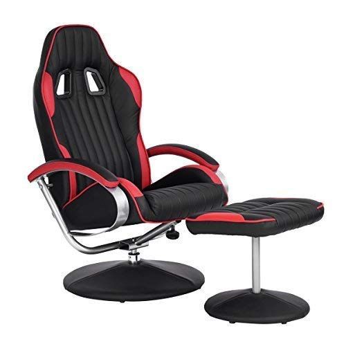  HOMY CASA Leisure Recliner and Ottoman Chair Set, Racing Car Seat Wrapped PU Leather Base Chair for Office Living Room, Black+Red