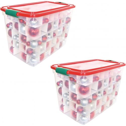  Homz Holiday Ornament Storage Tote Box, Latching Handles, 64 Quart, Clear with Red Lid, Stackable, 6-Pack