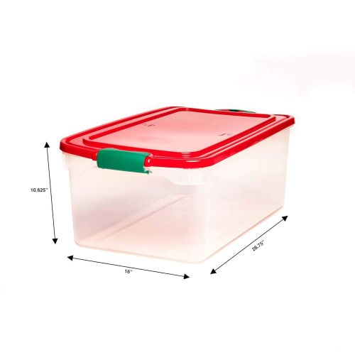  Homz Holiday Ornament Storage Tote Box, Latching Handles, 64 Quart, Clear with Red Lid, Stackable, 6-Pack