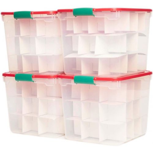  Homz Holiday Ornament Storage Tote Box, Latching Handles, 64 Quart, Clear with Red Lid, Stackable, 6-Pack