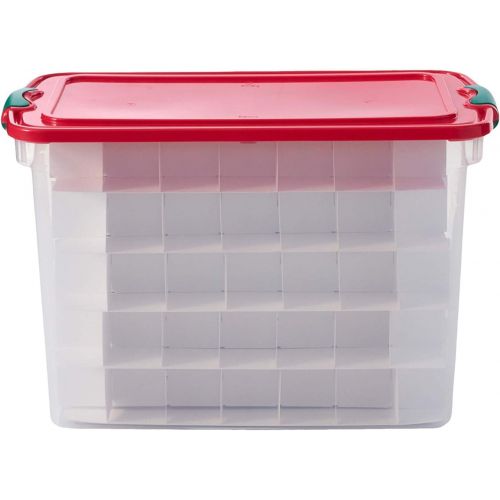  Homz Holiday Ornament Storage Tote Box, Latching Handles, 64 Quart, Clear with Red Lid, Stackable, 6-Pack