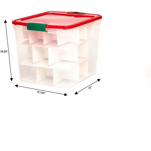  Homz Holiday Ornament Storage Tote Box, Latching Handles, 64 Quart, Clear with Red Lid, Stackable, 6-Pack