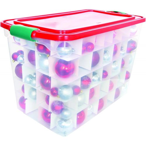  Homz Holiday Ornament Storage Tote Box, Latching Handles, 64 Quart, Clear with Red Lid, Stackable, 6-Pack