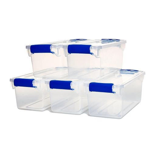  HOMZ Homz Plastic Storage, Modular Stackable Storage Bins with Blue Latching Handles, 7.5 Quart, Clear, 5-Pack