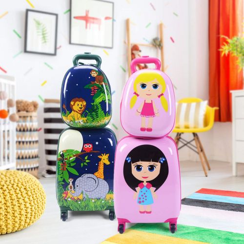  HONEY JOY 2 Pc Kids Luggage, 12’’ 16’’ Carry On Luggage Set with Wheels, Travel Suitcase with Backpack for Boys and Girls (Girls)