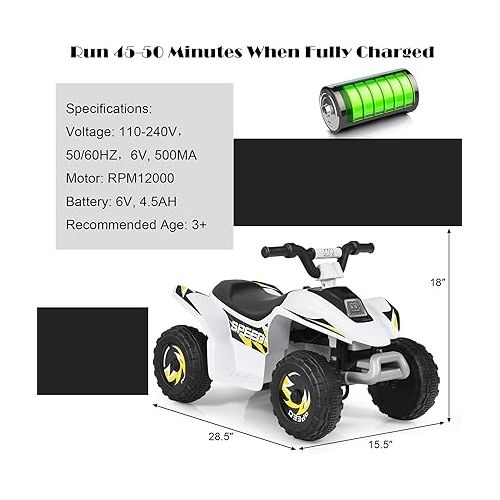  HONEY JOY Ride On ATV, 6V Mini Off-Road Battery Powered Motorized Quad for Kids, 2 Speeds, Anti-Slip Wheels, RWD 4-Wheeler Electric Ride On Toy Car for Toddlers (White)