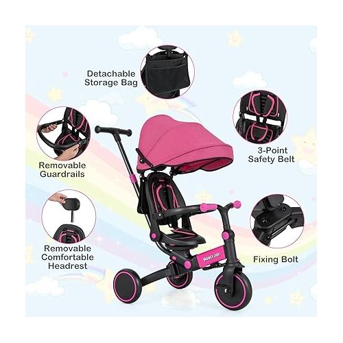  HONEY JOY Tricycle, 8-in-1 Toddler Bike w/Adjustable Push Handle & Canopy, Reversible Seat, Removable Pedal & Folding Rear Wheels, Safety Belt, Storage, Kids Trike for Toddlers Boy Girl Age 1-6 (Pink)