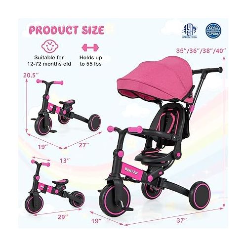  HONEY JOY Tricycle, 8-in-1 Toddler Bike w/Adjustable Push Handle & Canopy, Reversible Seat, Removable Pedal & Folding Rear Wheels, Safety Belt, Storage, Kids Trike for Toddlers Boy Girl Age 1-6 (Pink)