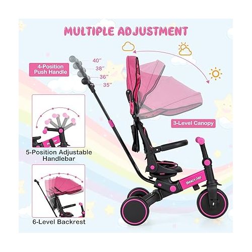  HONEY JOY Tricycle, 8-in-1 Toddler Bike w/Adjustable Push Handle & Canopy, Reversible Seat, Removable Pedal & Folding Rear Wheels, Safety Belt, Storage, Kids Trike for Toddlers Boy Girl Age 1-6 (Pink)