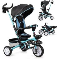 HONEY JOY Tricycle, 7 in 1 Folding Steer Baby Trike w/Adjustable Handle & Canopy, Reversible Seat, Safety Belt, Folding Pedal, Cup Holder, Storage, Push Tricycle for Toddlers 1-5 Year Old (Blue)