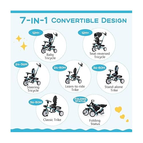  HONEY JOY Tricycle, 7 in 1 Folding Steer Baby Trike w/Adjustable Handle & Canopy, Reversible Seat, Safety Belt, Folding Pedal, Cup Holder, Storage, Push Tricycle for Toddlers 1-5 Year Old (Blue)