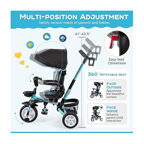  HONEY JOY Tricycle, 7 in 1 Folding Steer Baby Trike w/Adjustable Handle & Canopy, Reversible Seat, Safety Belt, Folding Pedal, Cup Holder, Storage, Push Tricycle for Toddlers 1-5 Year Old (Blue)