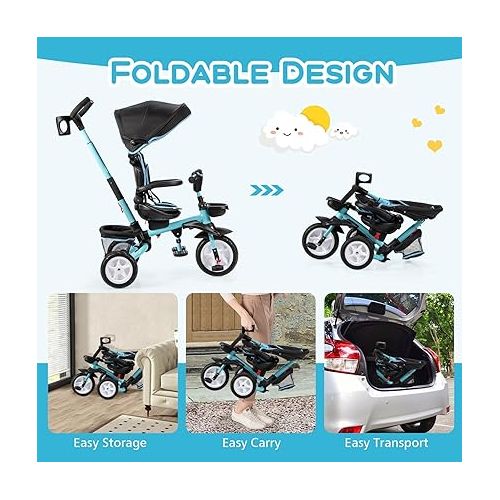  HONEY JOY Tricycle, 7 in 1 Folding Steer Baby Trike w/Adjustable Handle & Canopy, Reversible Seat, Safety Belt, Folding Pedal, Cup Holder, Storage, Push Tricycle for Toddlers 1-5 Year Old (Blue)