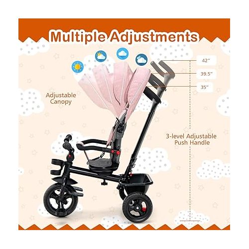  HONEY JOY Tricycle, 5-in-1 Baby Trike Stroller w/Adjustable Push Handle & Canopy, Reversible Seat, EVA Wheels Cup Holder & Storage Basket, Push Tricycle for Toddlers Age 1.5-5 Year Old (Pink)