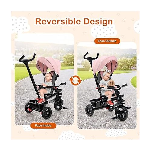  HONEY JOY Tricycle, 5-in-1 Baby Trike Stroller w/Adjustable Push Handle & Canopy, Reversible Seat, EVA Wheels Cup Holder & Storage Basket, Push Tricycle for Toddlers Age 1.5-5 Year Old (Pink)