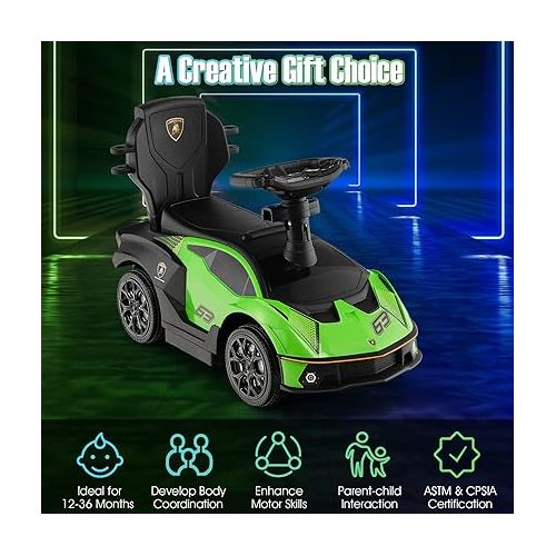  HONEY JOY Push Cars for Toddlers, Lamborghini Kids Toy Car Stroller w/Push Handle & Detachable Guardrail, Horn & Engine Sound, Seat Storage, Foot-to-Floor Ride On Push Car for Boys Girls(Green)