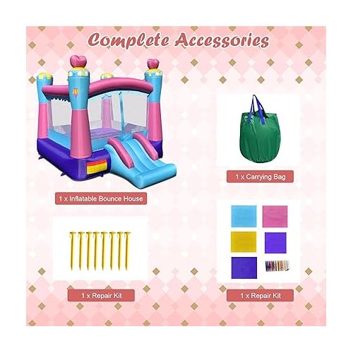  HONEY JOY Inflatable Bounce House, 3-in-1 Princess Themed Jump n’ Slide Bouncy House for Kids w/Blower, Slides, Indoor Outdoor Bouncy Castle for Kids, Gift for Boys Girls(Without Blower)