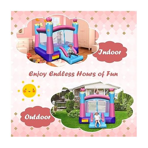  HONEY JOY Inflatable Bounce House, 3-in-1 Princess Themed Jump n’ Slide Bouncy House for Kids w/Blower, Slides, Indoor Outdoor Bouncy Castle for Kids, Gift for Boys Girls(Without Blower)