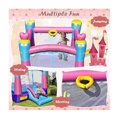  HONEY JOY Inflatable Bounce House, 3-in-1 Princess Themed Jump n’ Slide Bouncy House for Kids w/Blower, Slides, Indoor Outdoor Bouncy Castle for Kids, Gift for Boys Girls(without Blower)