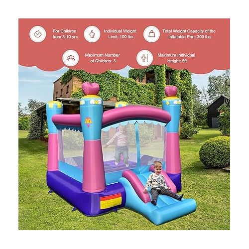  HONEY JOY Inflatable Bounce House, 3-in-1 Princess Themed Jump n’ Slide Bouncy House for Kids w/Blower, Slides, Indoor Outdoor Bouncy Castle for Kids, Gift for Boys Girls(without Blower)