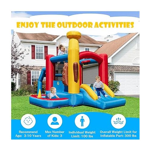  HONEY JOY Inflatable Bounce House with 735W Blower, Blow up Moon Bounce for Kids w/Slide, Giant Jumpy Area, Stakes, Carry Bag, Toddler Jumping Bouncy Castle for Backyard Playground