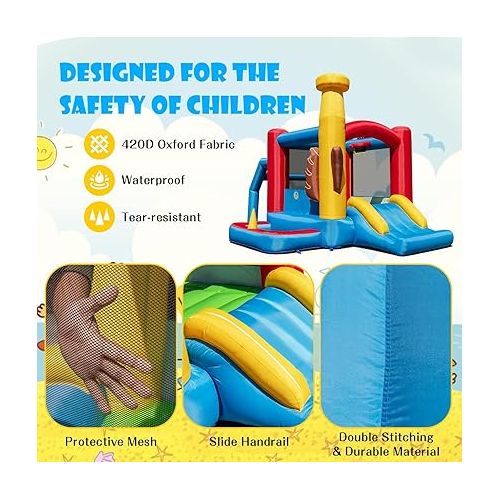  HONEY JOY Inflatable Bounce House with 735W Blower, Blow up Moon Bounce for Kids w/Slide, Giant Jumpy Area, Stakes, Carry Bag, Toddler Jumping Bouncy Castle for Backyard Playground