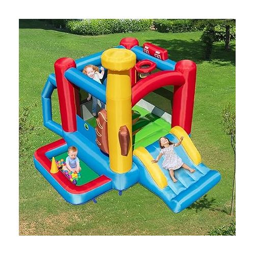  HONEY JOY Inflatable Bounce House with 735W Blower, Blow up Moon Bounce for Kids w/Slide, Giant Jumpy Area, Stakes, Carry Bag, Toddler Jumping Bouncy Castle for Backyard Playground