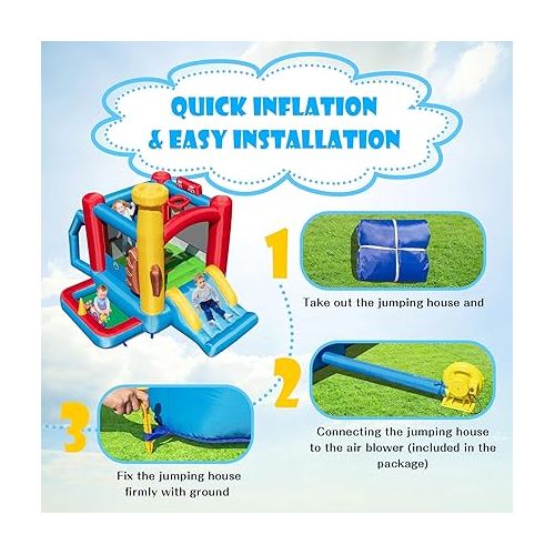  HONEY JOY Inflatable Bounce House with 735W Blower, Blow up Moon Bounce for Kids w/Slide, Giant Jumpy Area, Stakes, Carry Bag, Toddler Jumping Bouncy Castle for Backyard Playground