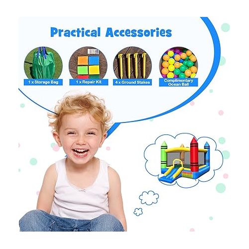  HONEY JOY Inflatable Bounce House, Crayon Theme Bouncy House for Kids w/Large Jumping Area, Indoor Outdoor Bouncing Castle House, Including Oxford Carry Bag, Repair Kit(Crayon without Blower)