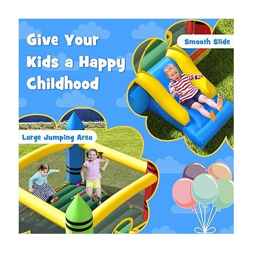  HONEY JOY Inflatable Bounce House, Crayon Theme Bouncy House for Kids w/Large Jumping Area, Indoor Outdoor Bouncing Castle House, Including Oxford Carry Bag, Repair Kit(Crayon without Blower)