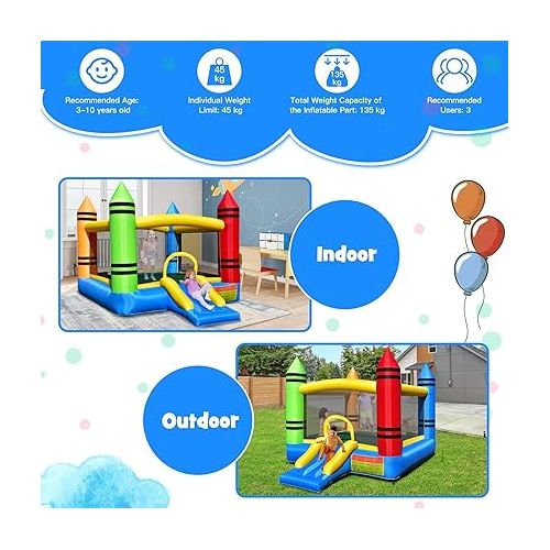  HONEY JOY Inflatable Bounce House, Crayon Theme Bouncy House for Kids w/Large Jumping Area, Indoor Outdoor Bouncing Castle House, Including Oxford Carry Bag, Repair Kit(Crayon Without Blower)