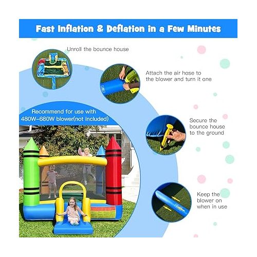  HONEY JOY Inflatable Bounce House, Crayon Theme Bouncy House for Kids w/Large Jumping Area, Indoor Outdoor Bouncing Castle House, Including Oxford Carry Bag, Repair Kit(Crayon without Blower)