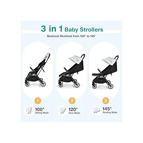  HONEY JOY Lightweight Baby Stroller, Compact Travel Stroller for Airplane, Fits Airplane Cabin & Overhead, One-Hand Gravity Fold, Self-Standing Toddler Stroller w/Adjustable Backrest/Canopy(Gray)