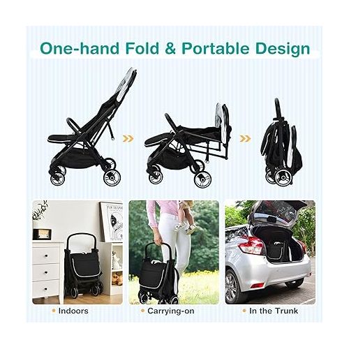  HONEY JOY Lightweight Baby Stroller, Compact Travel Stroller for Airplane, Fits Airplane Cabin & Overhead, One-Hand Gravity Fold, Self-Standing Toddler Stroller w/Adjustable Backrest/Canopy(Gray)