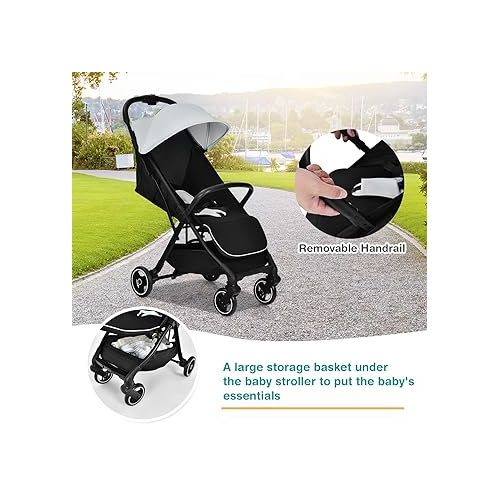  HONEY JOY Lightweight Baby Stroller, Compact Travel Stroller for Airplane, Fits Airplane Cabin & Overhead, One-Hand Gravity Fold, Self-Standing Toddler Stroller w/Adjustable Backrest/Canopy(Gray)