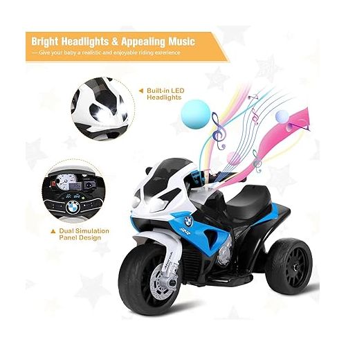  HONEY JOY Kids Motorcycle, Licensed BMW 6V Battery Powered Ride On Motorcycle w/LED Headlights, Music, Pedal, Spring Suspension, 3 Wheels Electric Motorcycle for Kids, Gift for Boys Girls(Blue)