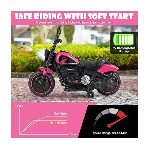  HONEY JOY Ride On Motorcycle, 6V Toddler Motorcycle with LED Light, Music, Foot Pedal, Forward/Backward, Soft Start, 3-Wheel Battery Powered Electric Motorcycle for Kids, Gift for Boys Girls (Pink)